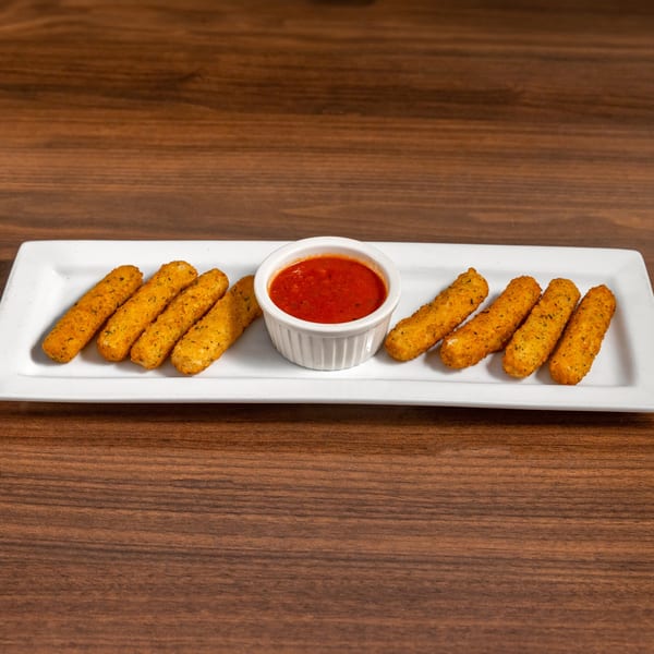 Di Leone's Italian Restaurant mozzarella sticks with a side of marinara sauce on a white plate.
