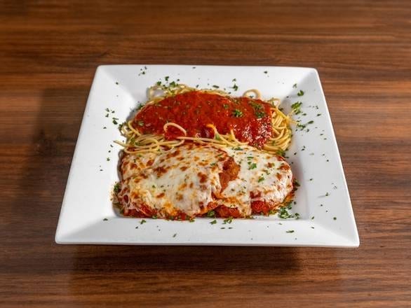 Chicken Parmigiana with Spaghetti.