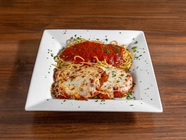 Chicken Parmigiana with Spaghetti.